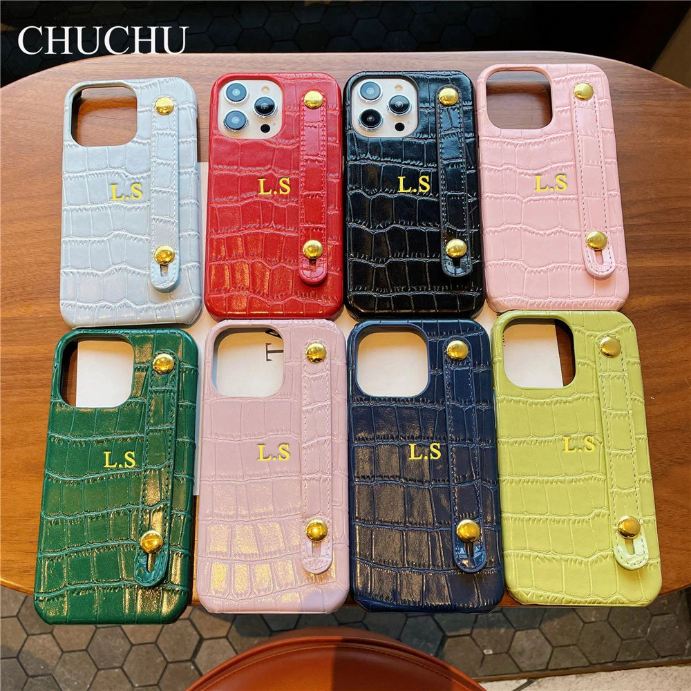 Custom Gold Name Leather Wristband Case – iPhone 14/13/12/11/XS/XR/7/8/SE