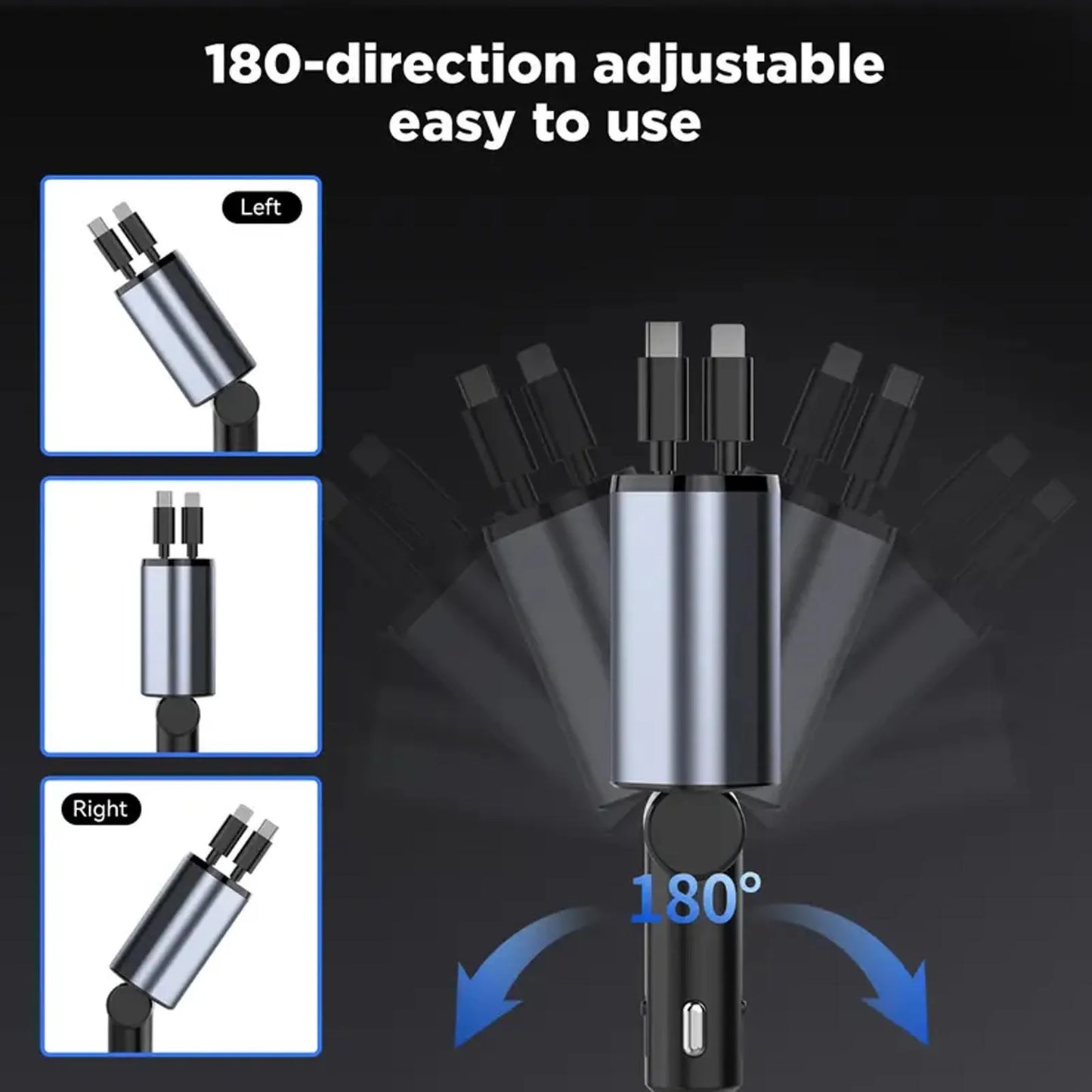 100W 4-in-1 Retractable Car Charger (Lightning & USB-C Cables, USB-A + PD Ports)