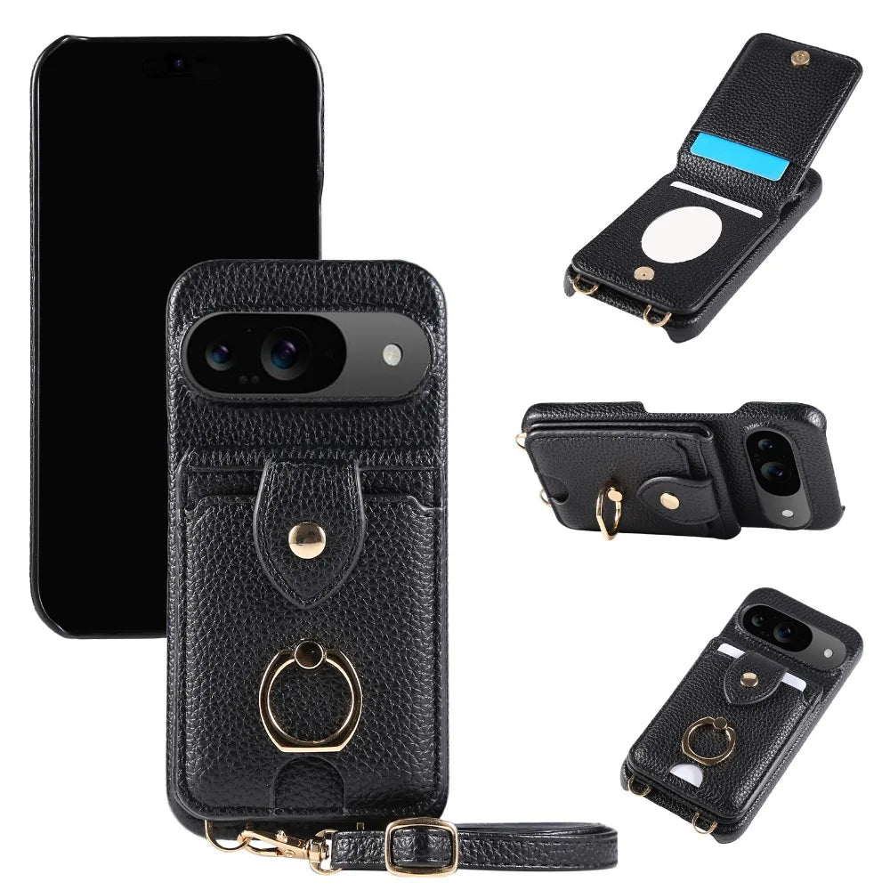 Crossbody Ring Stand Mirror Wallet Phone Case for Google Pixel 9/8/7/6 – Card Holder & Leather Protective Cover