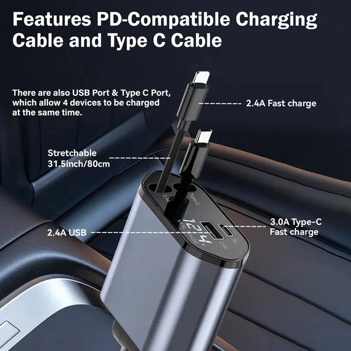 100W 4-in-1 Retractable Car Charger (Lightning & USB-C Cables, USB-A + PD Ports)