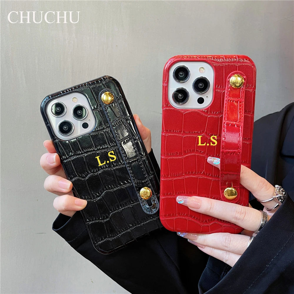 Custom Gold Name Leather Wristband Case – iPhone 14/13/12/11/XS/XR/7/8/SE