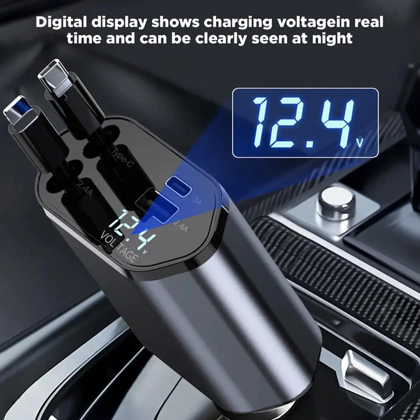 100W 4-in-1 Retractable Car Charger (Lightning & USB-C Cables, USB-A + PD Ports)