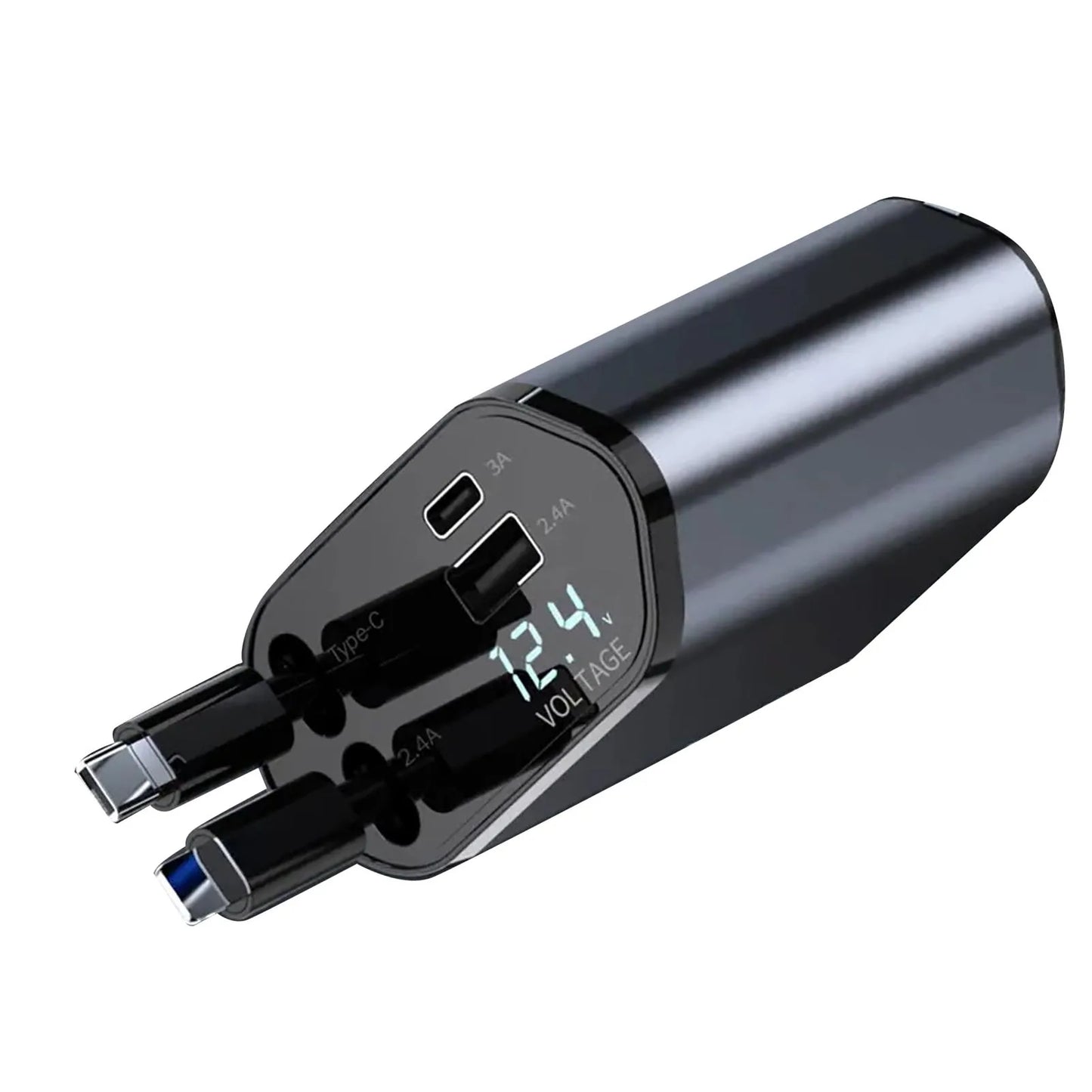 100W 4-in-1 Retractable Car Charger (Lightning & USB-C Cables, USB-A + PD Ports)