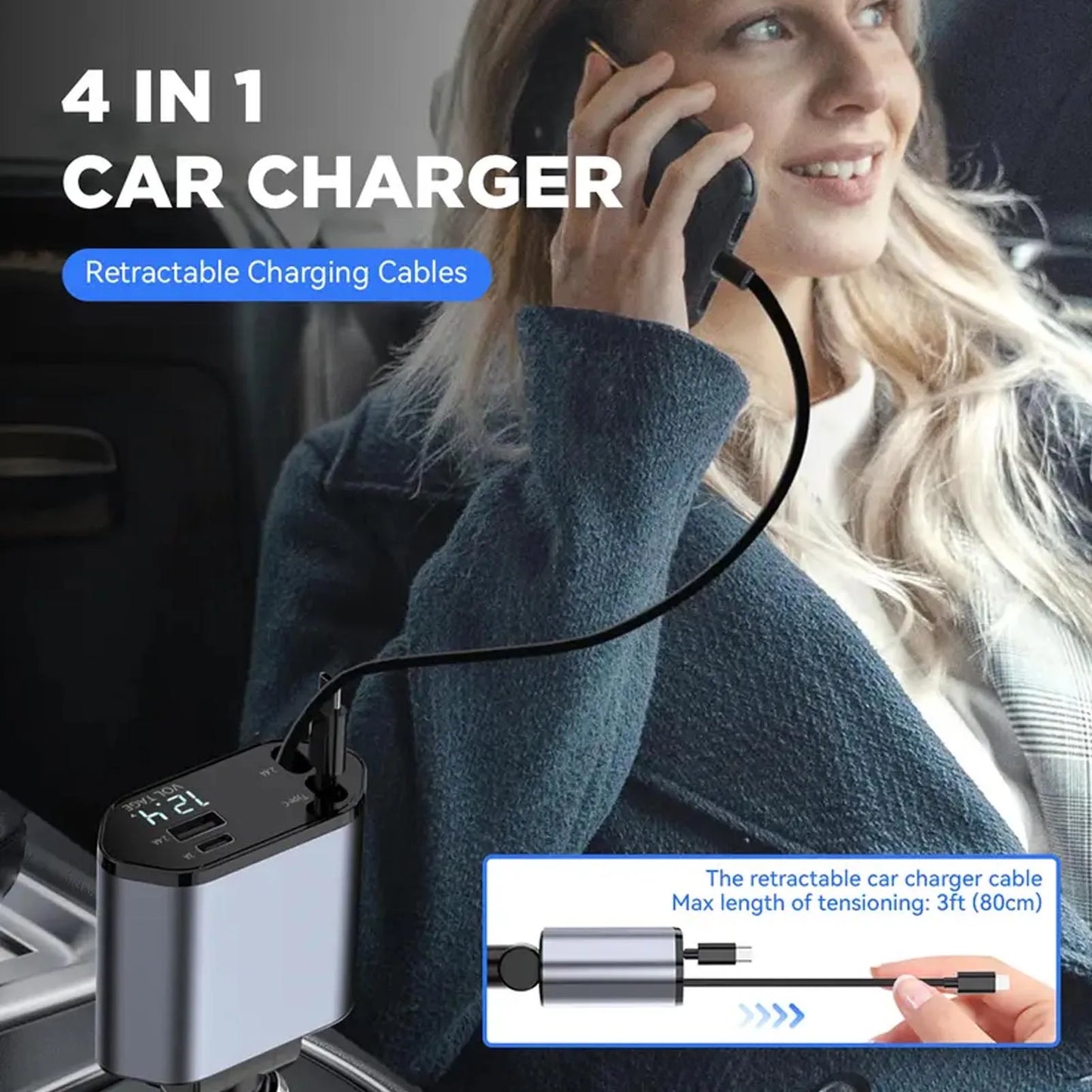 100W 4-in-1 Retractable Car Charger (Lightning & USB-C Cables, USB-A + PD Ports)