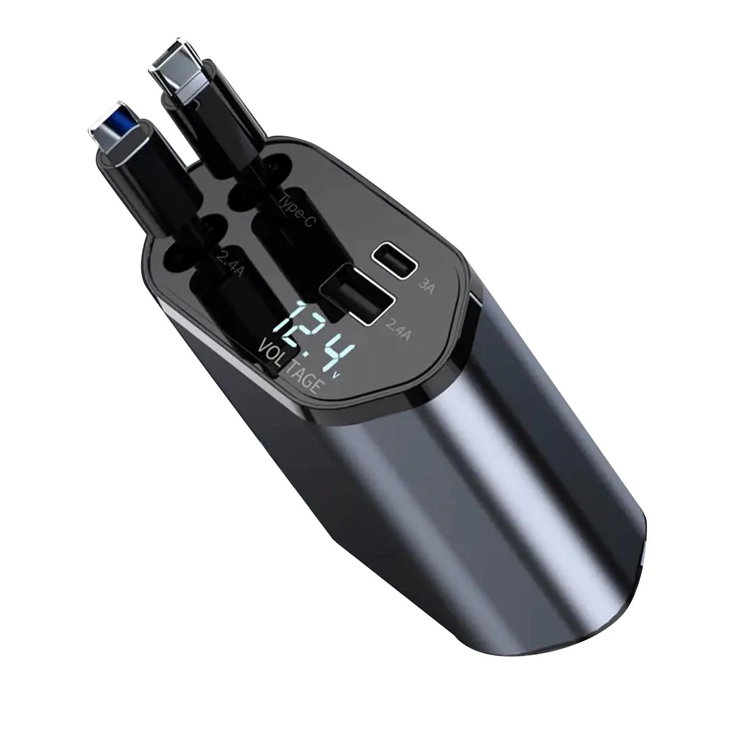 100W 4-in-1 Retractable Car Charger (Lightning & USB-C Cables, USB-A + PD Ports)