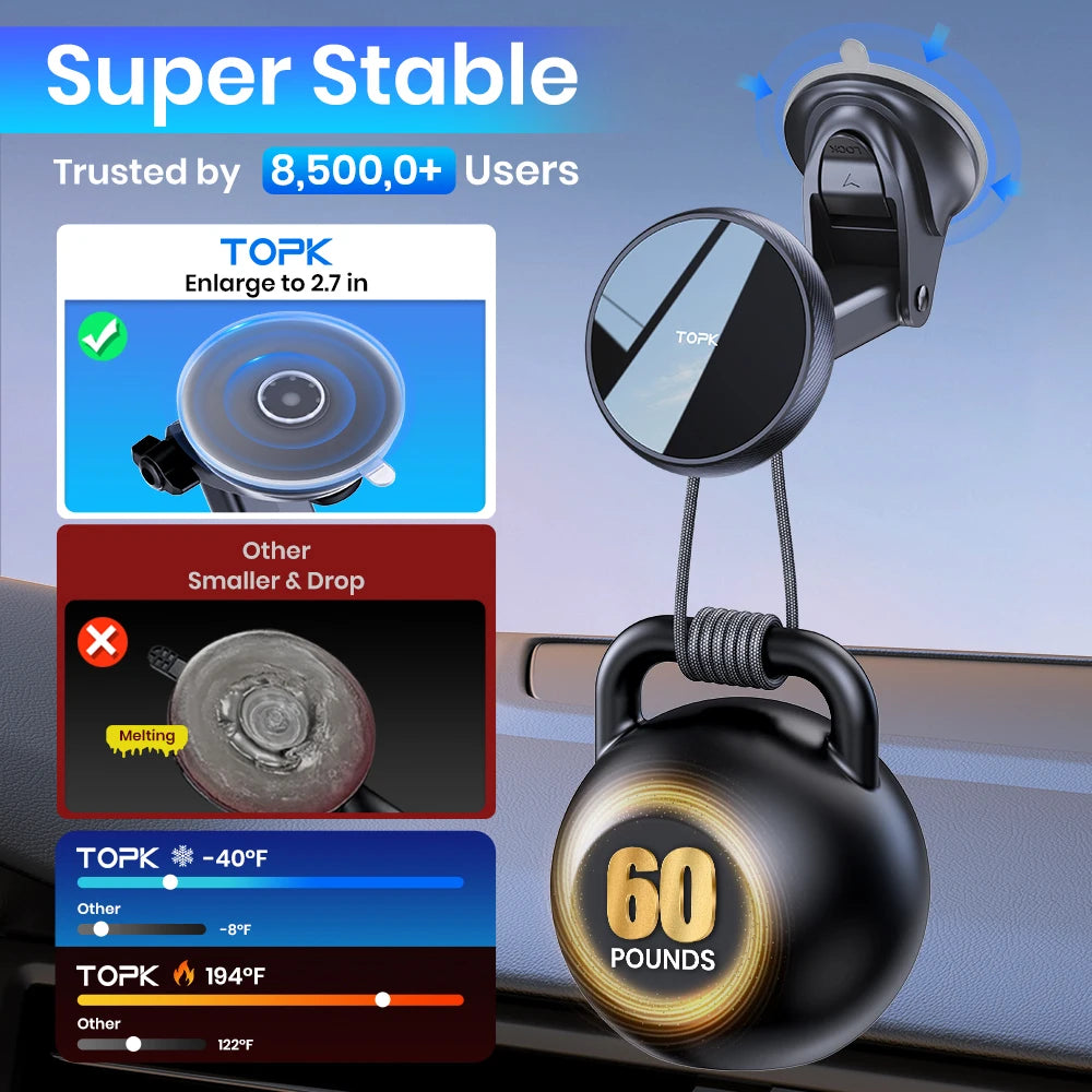 TOPK MagSafe Magnetic Car Phone Holder – Strong Suction, Adjustable Long Arm (Dashboard & Windshield)