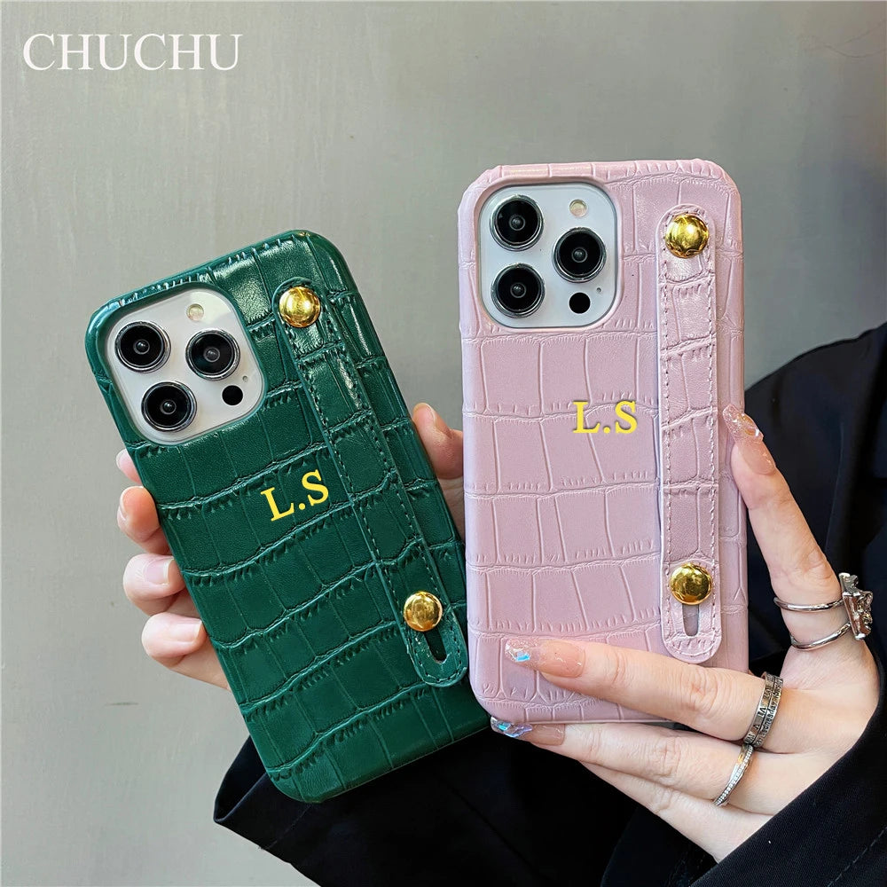 Custom Gold Name Leather Wristband Case – iPhone 14/13/12/11/XS/XR/7/8/SE