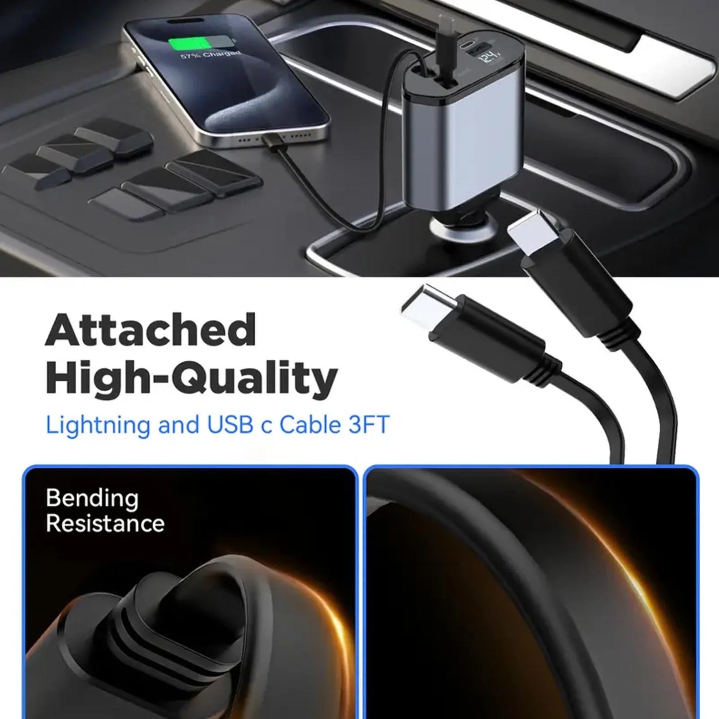 100W 4-in-1 Retractable Car Charger (Lightning & USB-C Cables, USB-A + PD Ports)