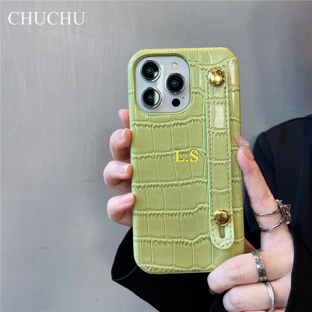 Custom Gold Name Leather Wristband Case – iPhone 14/13/12/11/XS/XR/7/8/SE