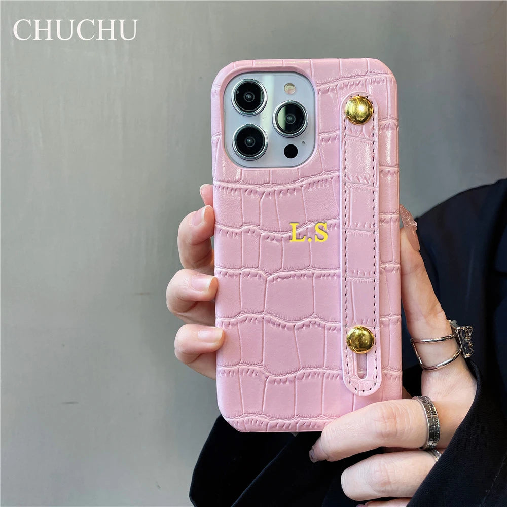Custom Gold Name Leather Wristband Case – iPhone 14/13/12/11/XS/XR/7/8/SE
