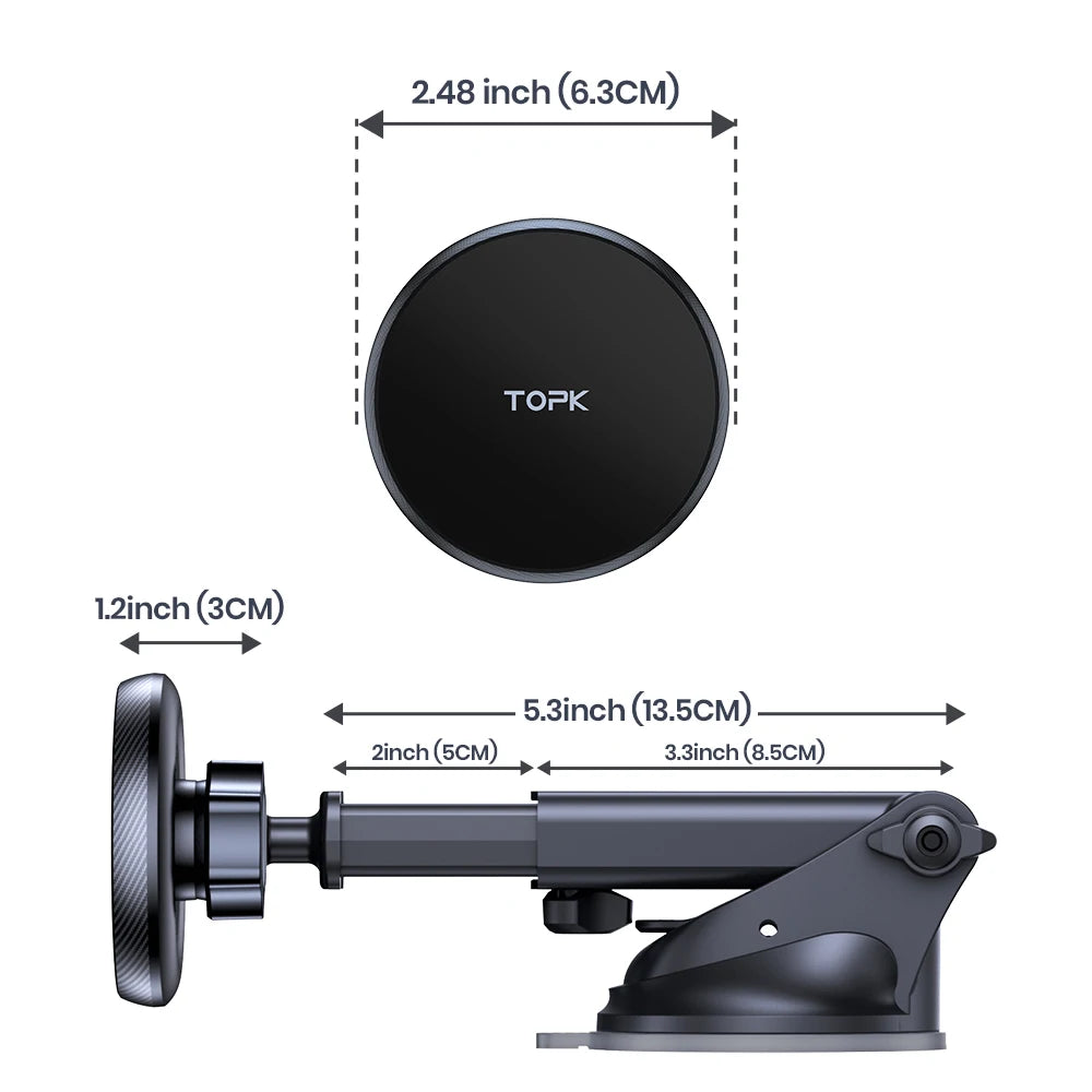 TOPK MagSafe Magnetic Car Phone Holder – Strong Suction, Adjustable Long Arm (Dashboard & Windshield)