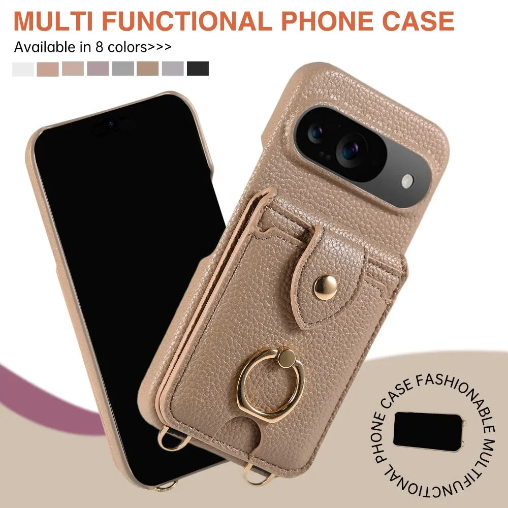 Crossbody Ring Stand Mirror Wallet Phone Case for Google Pixel 9/8/7/6 – Card Holder & Leather Protective Cover