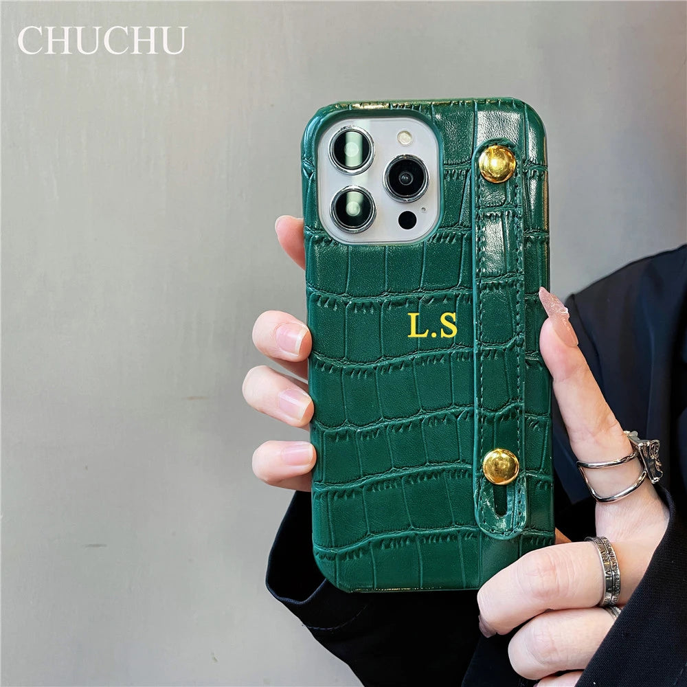 Custom Gold Name Leather Wristband Case – iPhone 14/13/12/11/XS/XR/7/8/SE