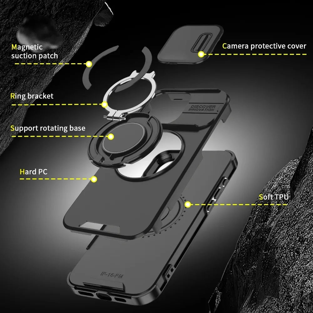 Luxury Rugged Armor Magnetic Case with Slide Camera Cover for iPhone 16–11 Pro Max