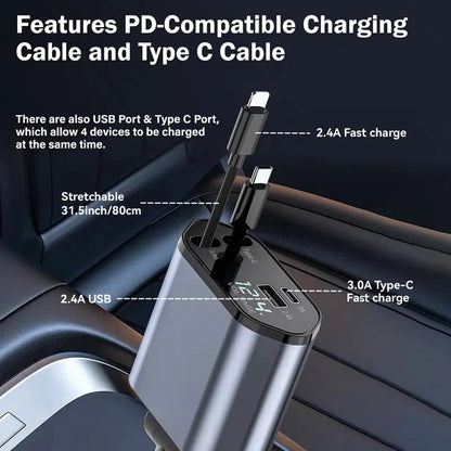 100W 4-in-1 Retractable Car Charger (Lightning & USB-C Cables, USB-A + PD Ports)