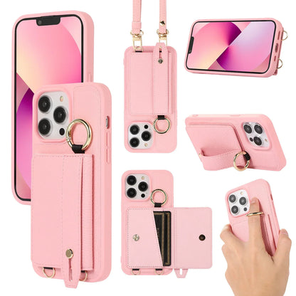 Wristband Wallet Crossbody Leather iPhone Case – Ring Holder & Card Slot Cover for iPhone 11 to 16 Pro Max