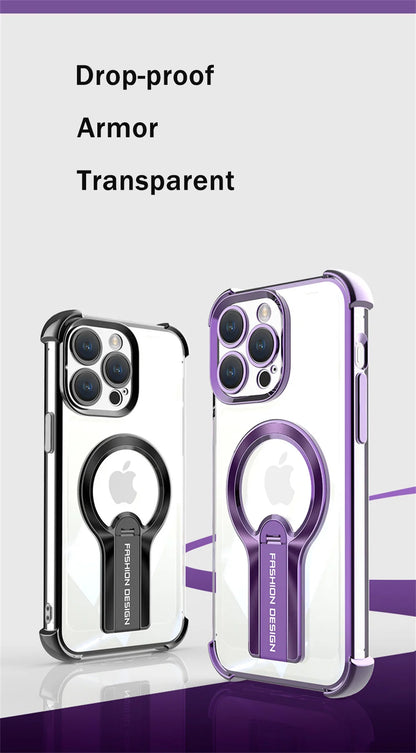 Luxury Transparent Magnetic Armor iPhone Case with Hidden Folding Stand – Shockproof Back Cover for iPhone 11 to 16 Pro Max