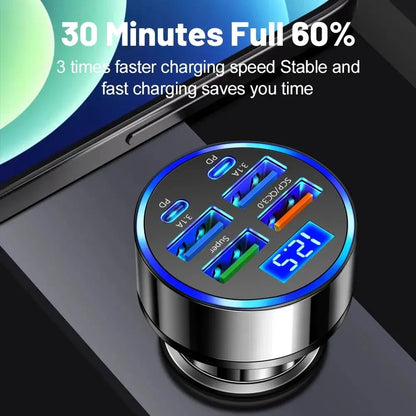 100W 6-Port Fast Car Charger with USB-C PD & QC3.0 | Multi-Device Car Adapter for iPhone, Samsung & More