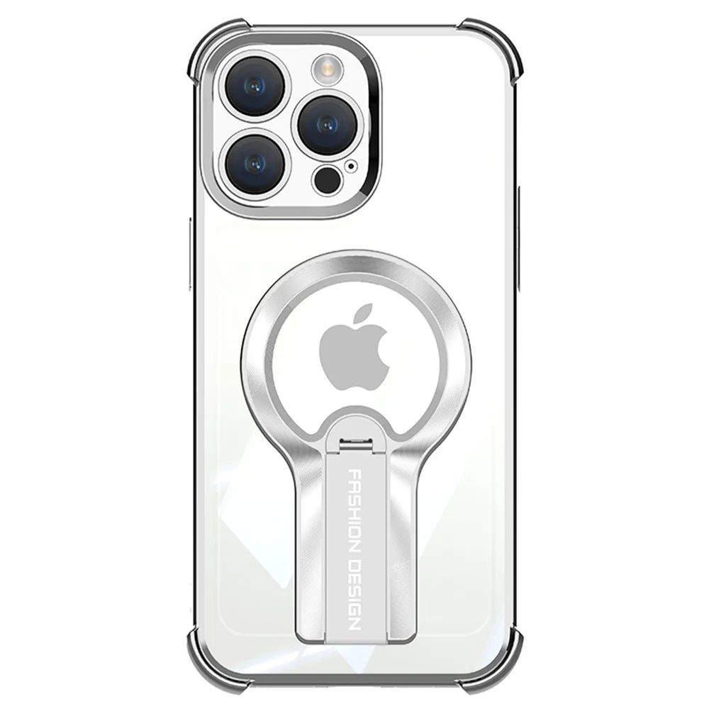 Luxury Transparent Magnetic Armor iPhone Case with Hidden Folding Stand – Shockproof Back Cover for iPhone 11 to 16 Pro Max