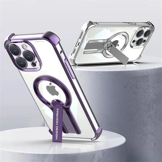 Luxury Transparent Magnetic Armor iPhone Case with Hidden Folding Stand – Shockproof Back Cover for iPhone 11 to 16 Pro Max
