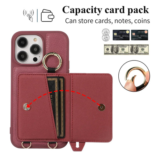 Wristband Wallet Crossbody Leather iPhone Case – Ring Holder & Card Slot Cover for iPhone 11 to 16 Pro Max