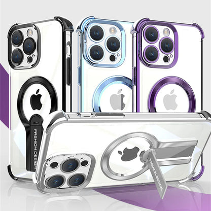 Luxury Transparent Magnetic Armor iPhone Case with Hidden Folding Stand – Shockproof Back Cover for iPhone 11 to 16 Pro Max