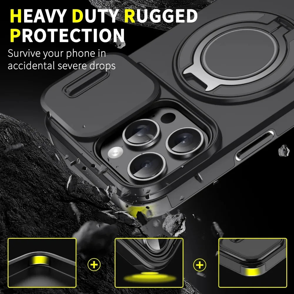 Luxury Rugged Armor Magnetic Case with Slide Camera Cover for iPhone 16–11 Pro Max