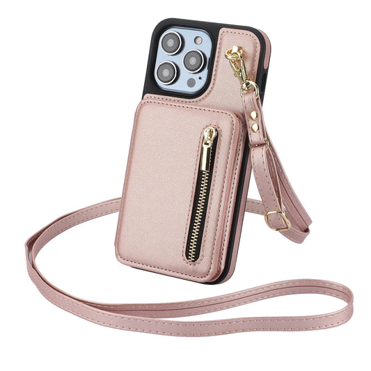 Zipper Crossbody Wallet Case for iPhone – Card Holder, Lanyard Strap, and Secure Zipper Pocket