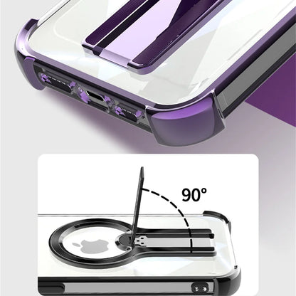 Luxury Transparent Magnetic Armor iPhone Case with Hidden Folding Stand – Shockproof Back Cover for iPhone 11 to 16 Pro Max