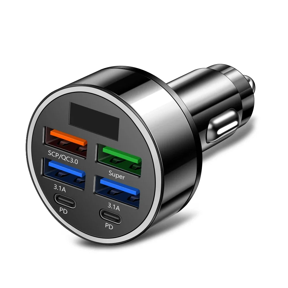 100W 6-Port Fast Car Charger with USB-C PD & QC3.0 | Multi-Device Car Adapter for iPhone, Samsung & More