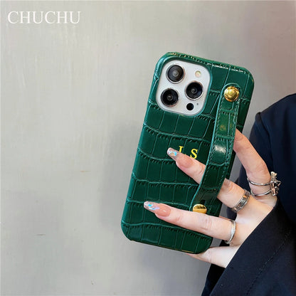 Custom Gold Name Leather Wristband Case – iPhone 14/13/12/11/XS/XR/7/8/SE