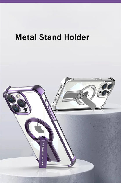 Luxury Transparent Magnetic Armor iPhone Case with Hidden Folding Stand – Shockproof Back Cover for iPhone 11 to 16 Pro Max