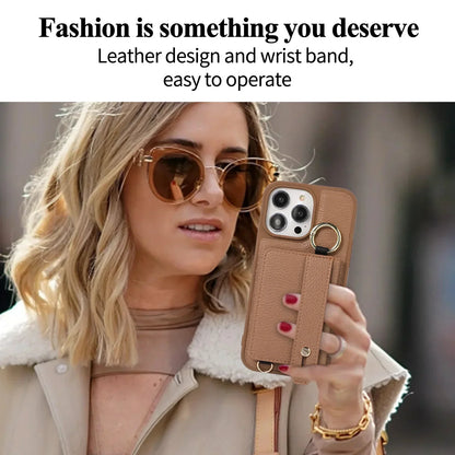 Wristband Wallet Crossbody Leather iPhone Case – Ring Holder & Card Slot Cover for iPhone 11 to 16 Pro Max