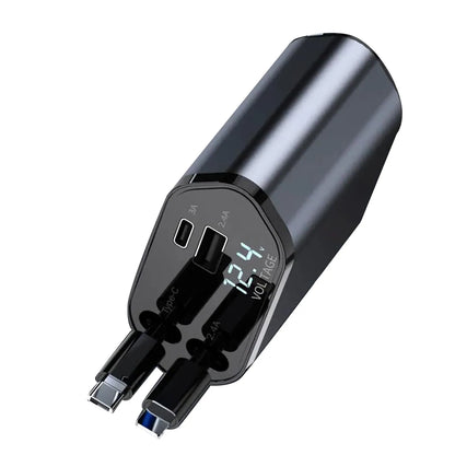 100W 4-in-1 Retractable Car Charger (Lightning & USB-C Cables, USB-A + PD Ports)