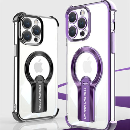 Luxury Transparent Magnetic Armor iPhone Case with Hidden Folding Stand – Shockproof Back Cover for iPhone 11 to 16 Pro Max