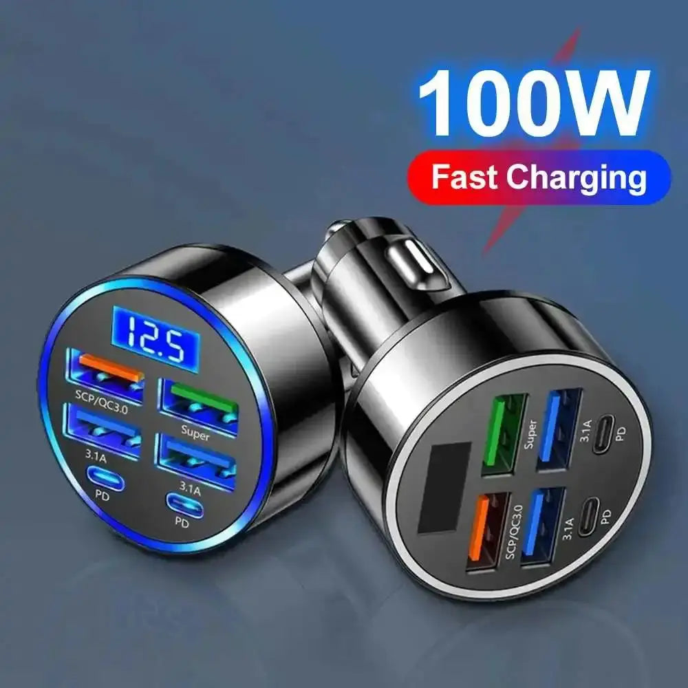 100W 6-Port Fast Car Charger with USB-C PD & QC3.0 | Multi-Device Car Adapter for iPhone, Samsung & More