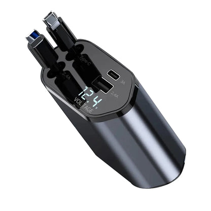 100W 4-in-1 Retractable Car Charger (Lightning & USB-C Cables, USB-A + PD Ports)
