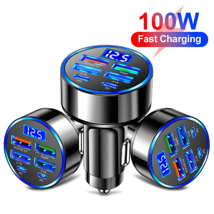 100W 6-Port Fast Car Charger with USB-C PD & QC3.0 | Multi-Device Car Adapter for iPhone, Samsung & More