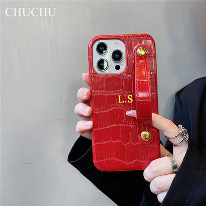 Custom Gold Name Leather Wristband Case – iPhone 14/13/12/11/XS/XR/7/8/SE