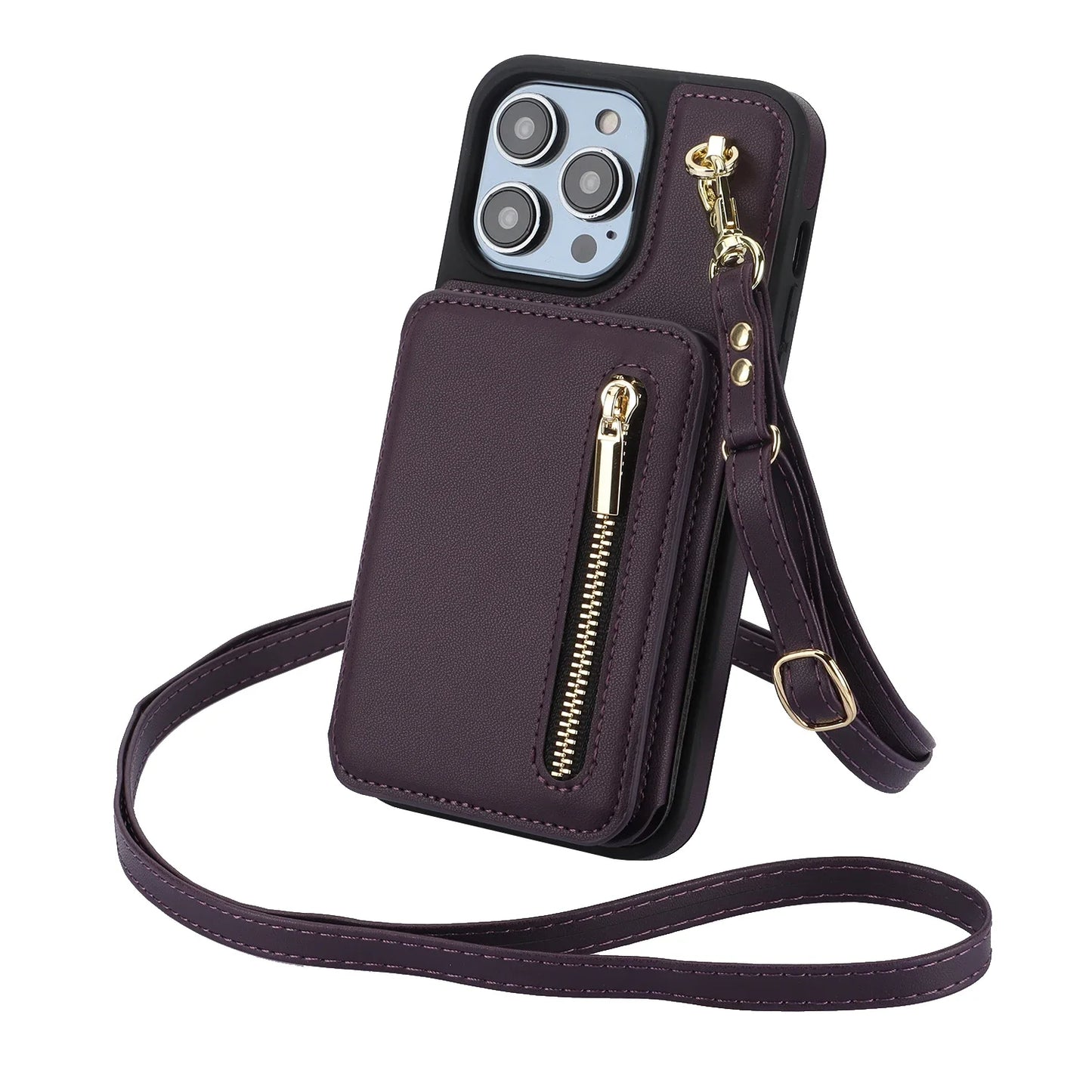 Zipper Crossbody Wallet Case for iPhone – Card Holder, Lanyard Strap, and Secure Zipper Pocket