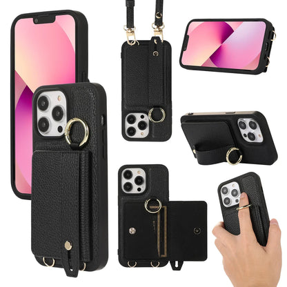 Wristband Wallet Crossbody Leather iPhone Case – Ring Holder & Card Slot Cover for iPhone 11 to 16 Pro Max