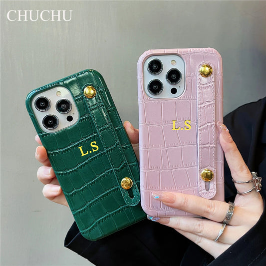 Custom Gold Name Leather Wristband Case – iPhone 14/13/12/11/XS/XR/7/8/SE