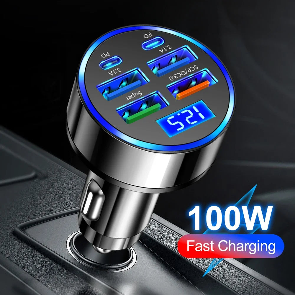 100W 6-Port Fast Car Charger with USB-C PD & QC3.0 | Multi-Device Car Adapter for iPhone, Samsung & More