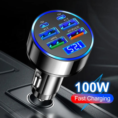 100W 6-Port Fast Car Charger with USB-C PD & QC3.0 | Multi-Device Car Adapter for iPhone, Samsung & More