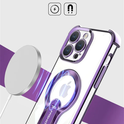 Luxury Transparent Magnetic Armor iPhone Case with Hidden Folding Stand – Shockproof Back Cover for iPhone 11 to 16 Pro Max