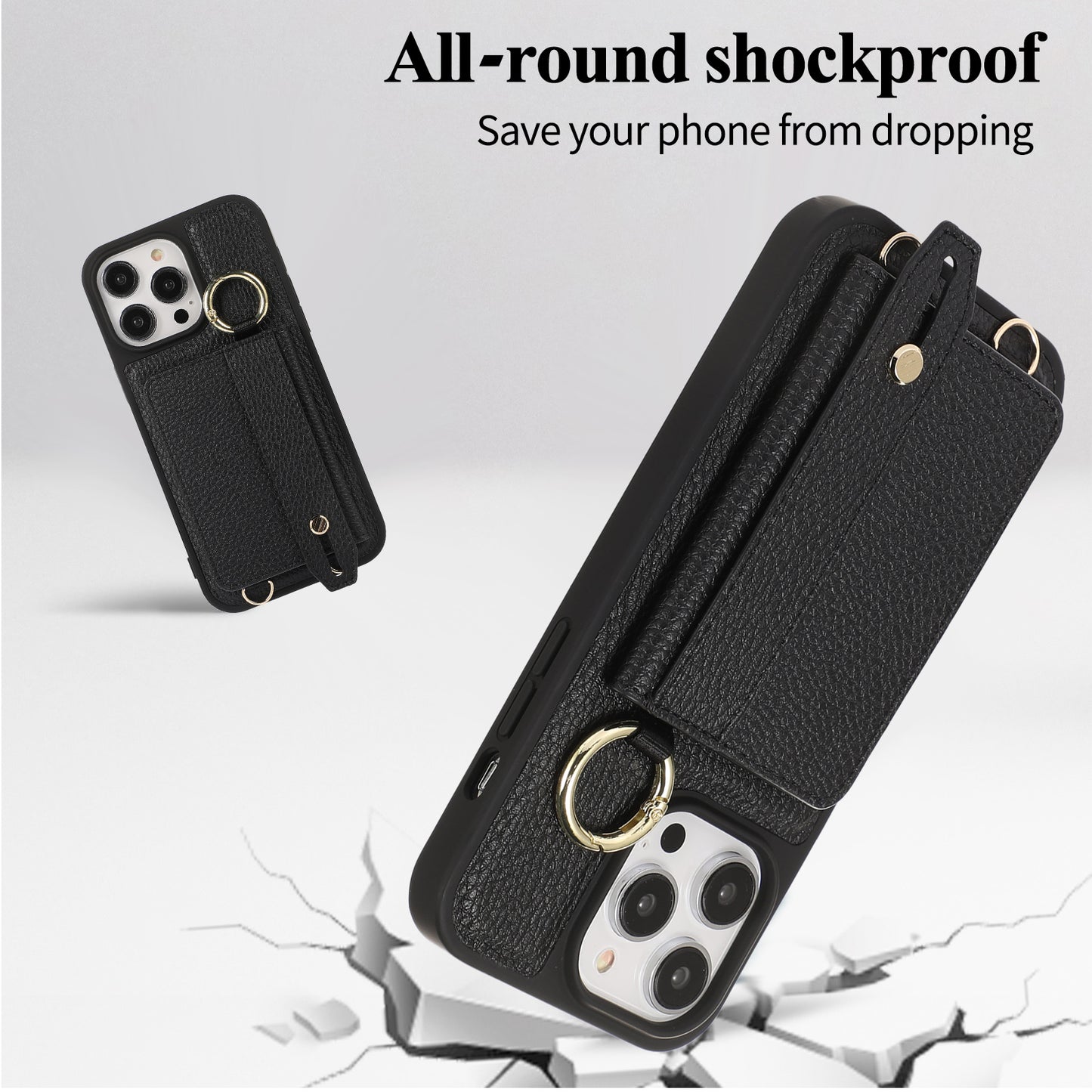 Wristband Wallet Crossbody Leather iPhone Case – Ring Holder & Card Slot Cover for iPhone 11 to 16 Pro Max