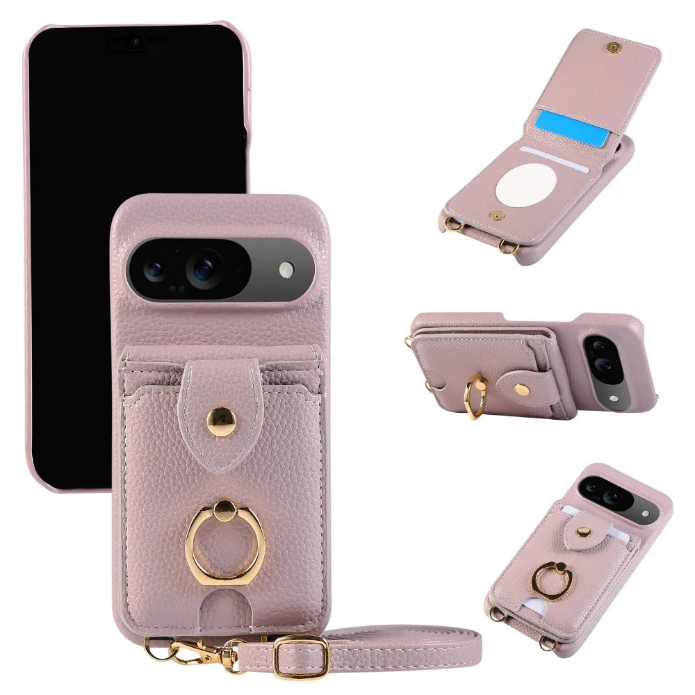 Crossbody Ring Stand Mirror Wallet Phone Case for Google Pixel 9/8/7/6 – Card Holder & Leather Protective Cover