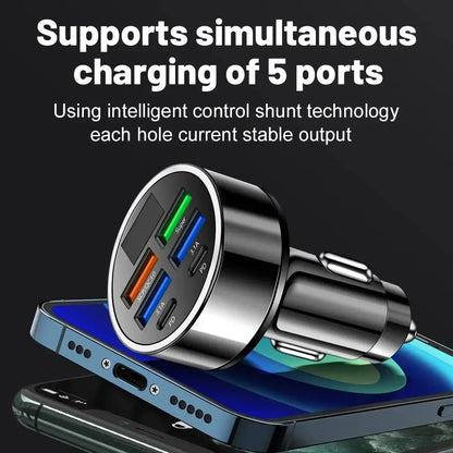 100W 6-Port Fast Car Charger with USB-C PD & QC3.0 | Multi-Device Car Adapter for iPhone, Samsung & More