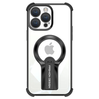 Luxury Transparent Magnetic Armor iPhone Case with Hidden Folding Stand – Shockproof Back Cover for iPhone 11 to 16 Pro Max