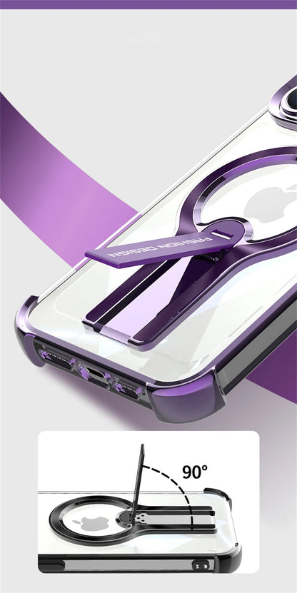 Luxury Transparent Magnetic Armor iPhone Case with Hidden Folding Stand – Shockproof Back Cover for iPhone 11 to 16 Pro Max